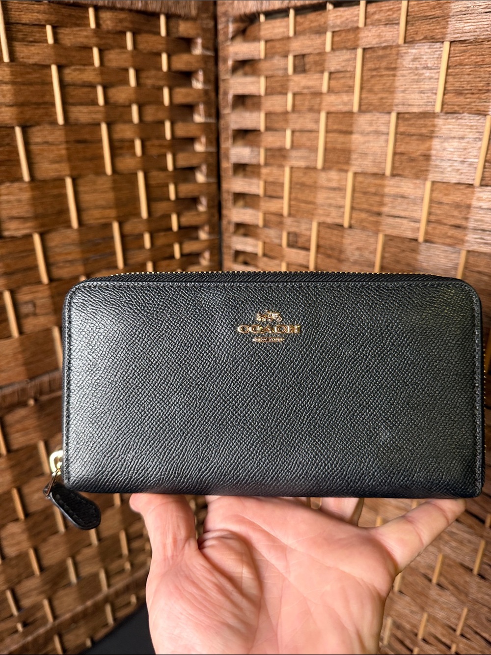 Coach Black Saffiano Zip Wallet with Gold Logo